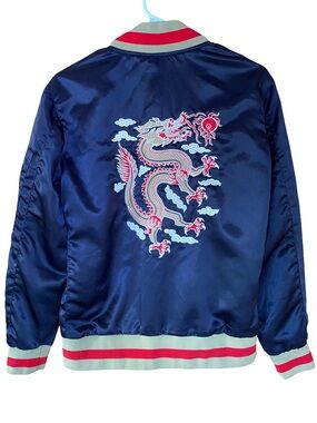 CHRLDR 100% satin navy dragon embroidered zip-up bomber jacket size small